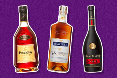 Hennessy, Martell, Rémy Martin cognacs on display.