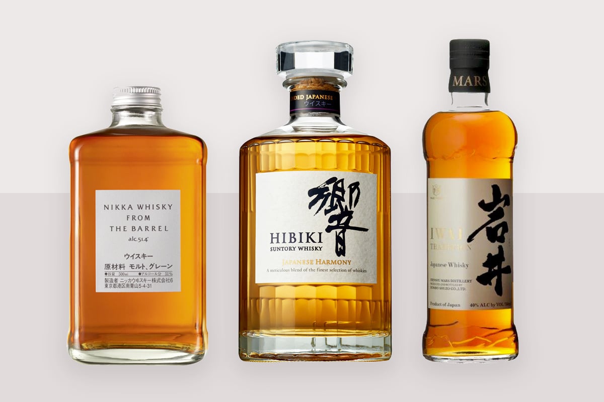 Nikka, Hibiki, Mars whiskies displayed.