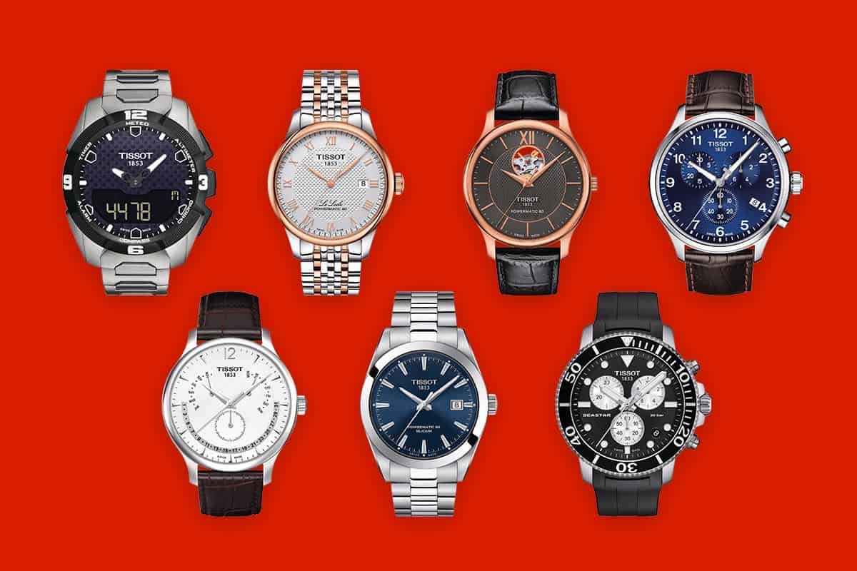 Seven best Tissot watches showcased on red background.
