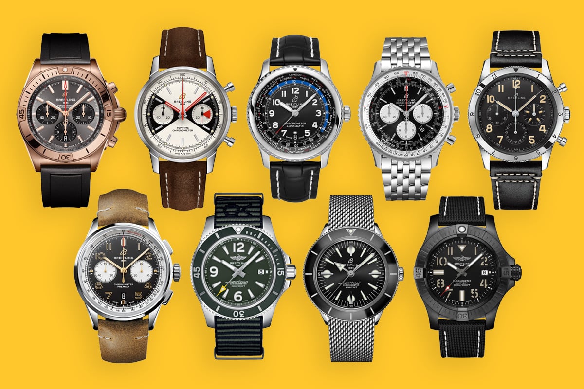 Nine Breitling watches on display.