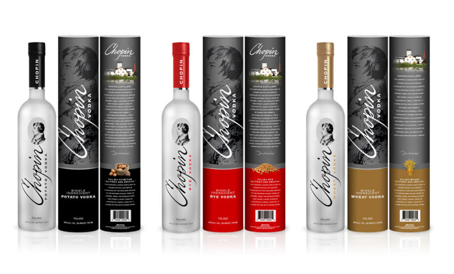 Chopin Vodka bottles with packaging.