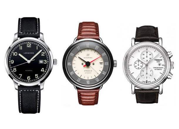 Three watches: black, brown, and black straps; varying faces.