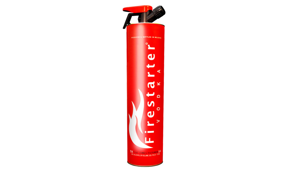 Firestarter Vodka extinguisher-shaped bottle.