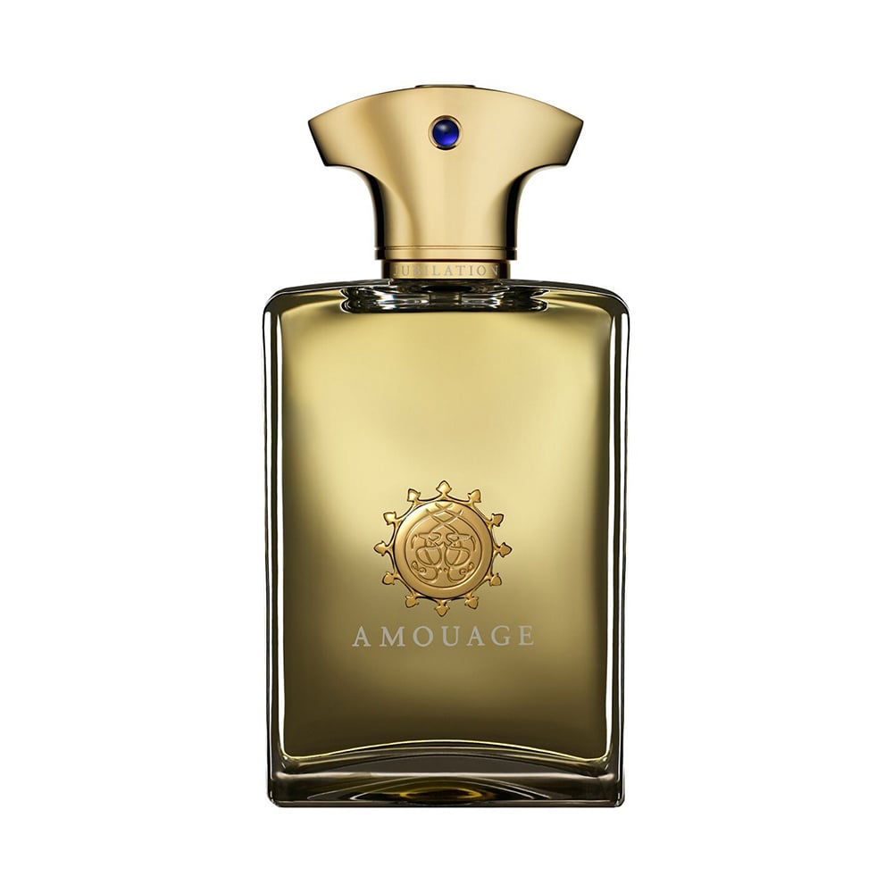 Amouage perfume: glass bottle with amber liquid.
