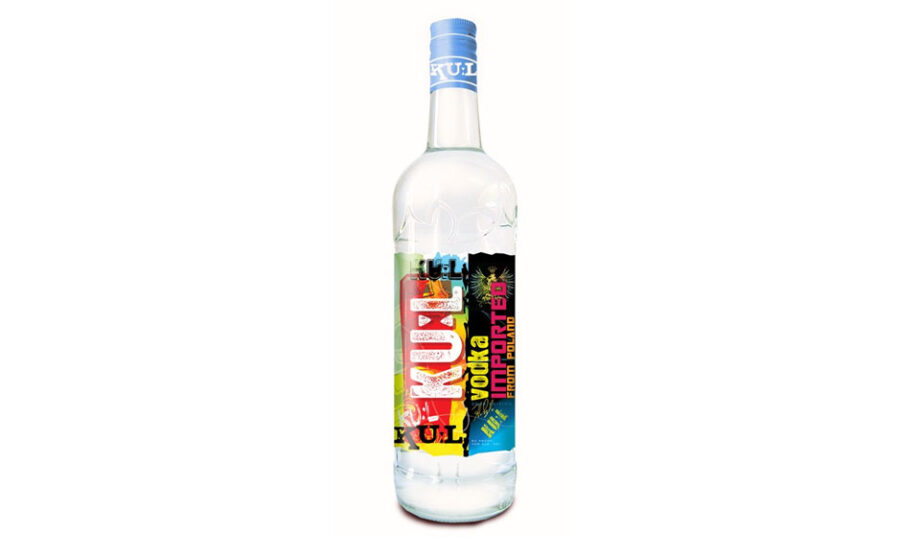 Colorful KRUU vodka glass bottle.