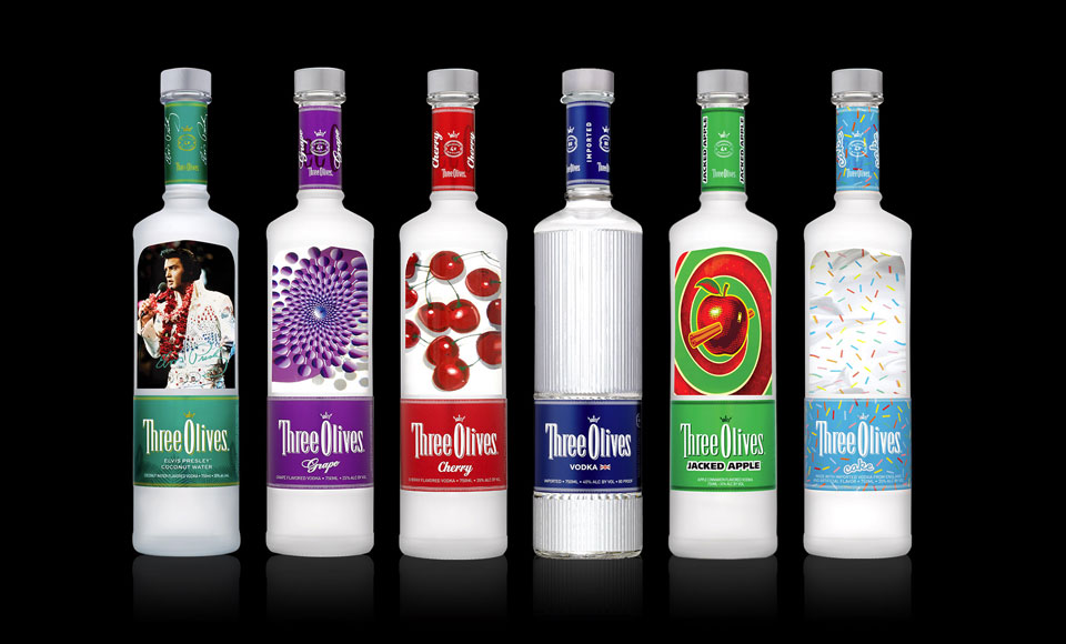 Six Three Olives vodka bottles.
