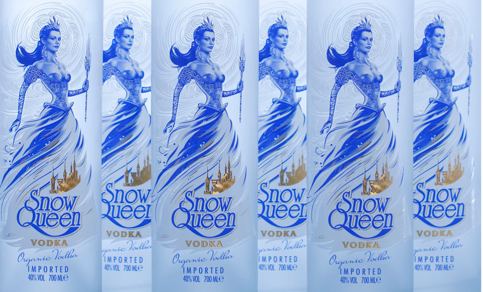 Snow Queen Vodka bottles arranged.