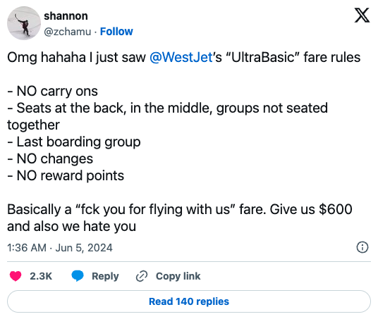 Screenshot of a social media post from a flyer who is not impressed by the new fare